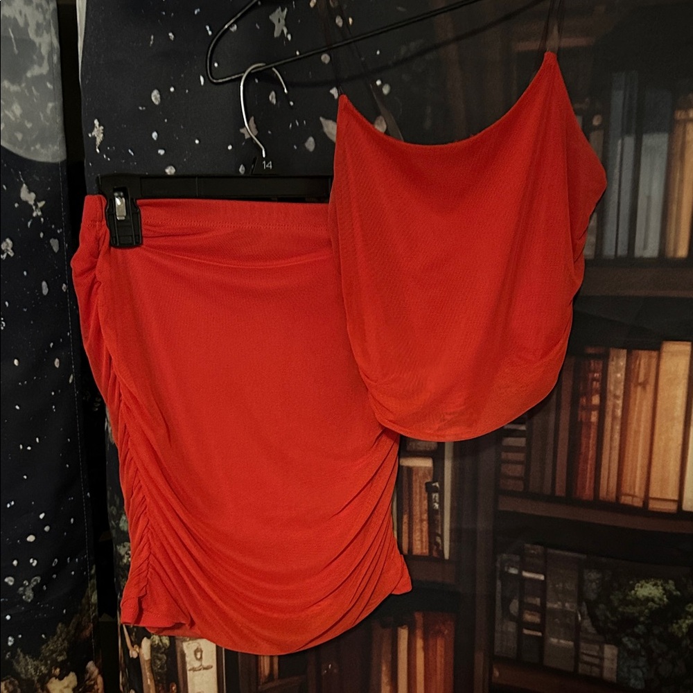 Women's Red Ruched Mini Skirt and Too Set - Gathered Design